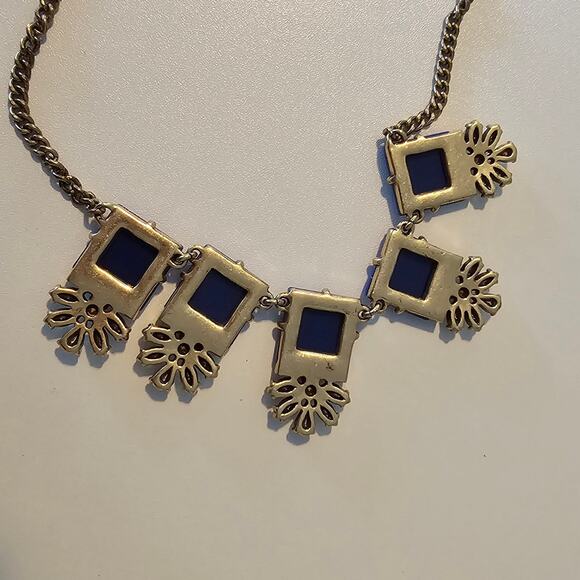 J Crew Art Deco Blue Square & Crystal Statement Necklace on Gold Chain - Picture 5 of 7